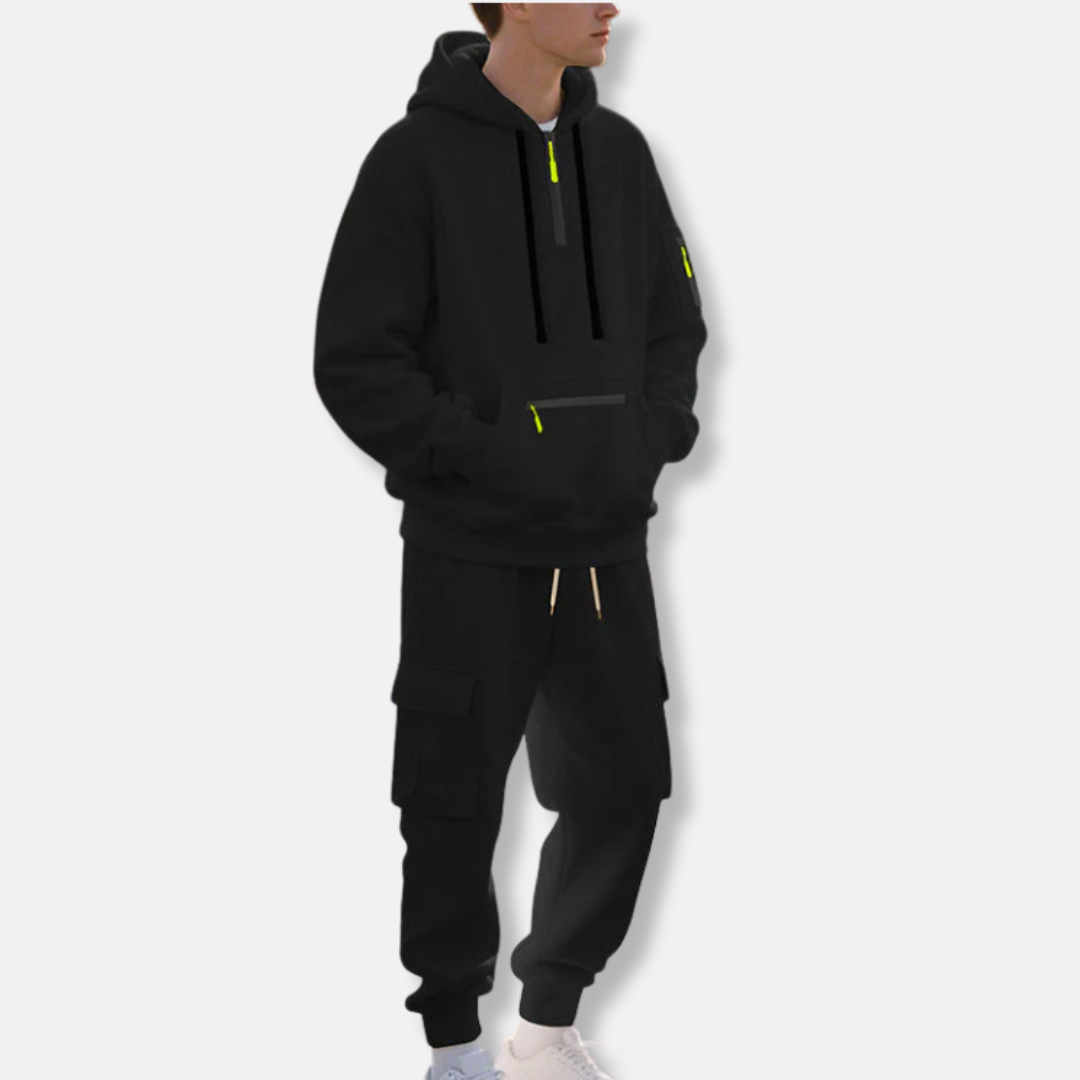 Men's gray relaxed-fit tracksuit set with half-zip hoodie and cargo joggers street style