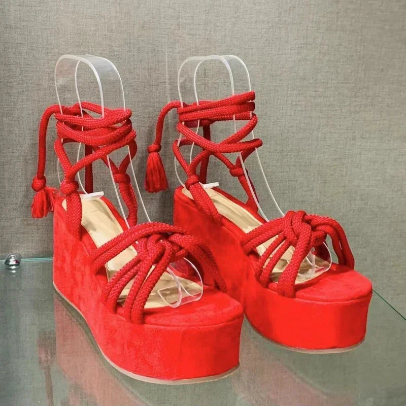 Women's open-toe platform wedge sandals in vegan suede with lace-up rope straps and cushioned sole