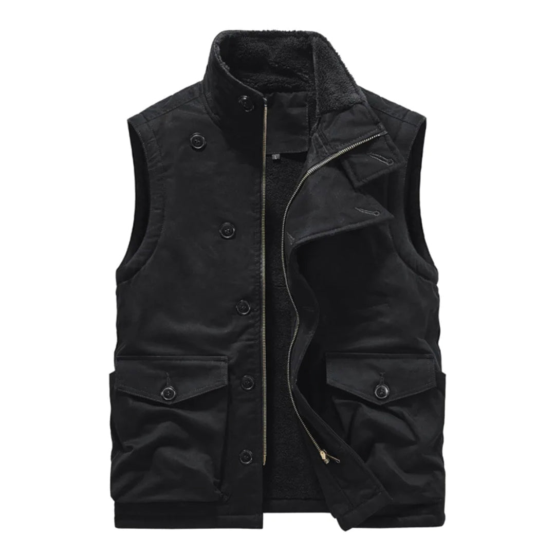 Unisex sand-toned heavy cotton fleece-lined vest with asymmetric button closure for all-season warmth