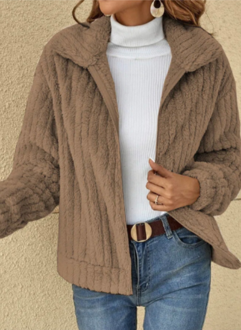 Women's teddy plush cardigan cozy oversized fit ultra-soft fluffy texture fall warmth