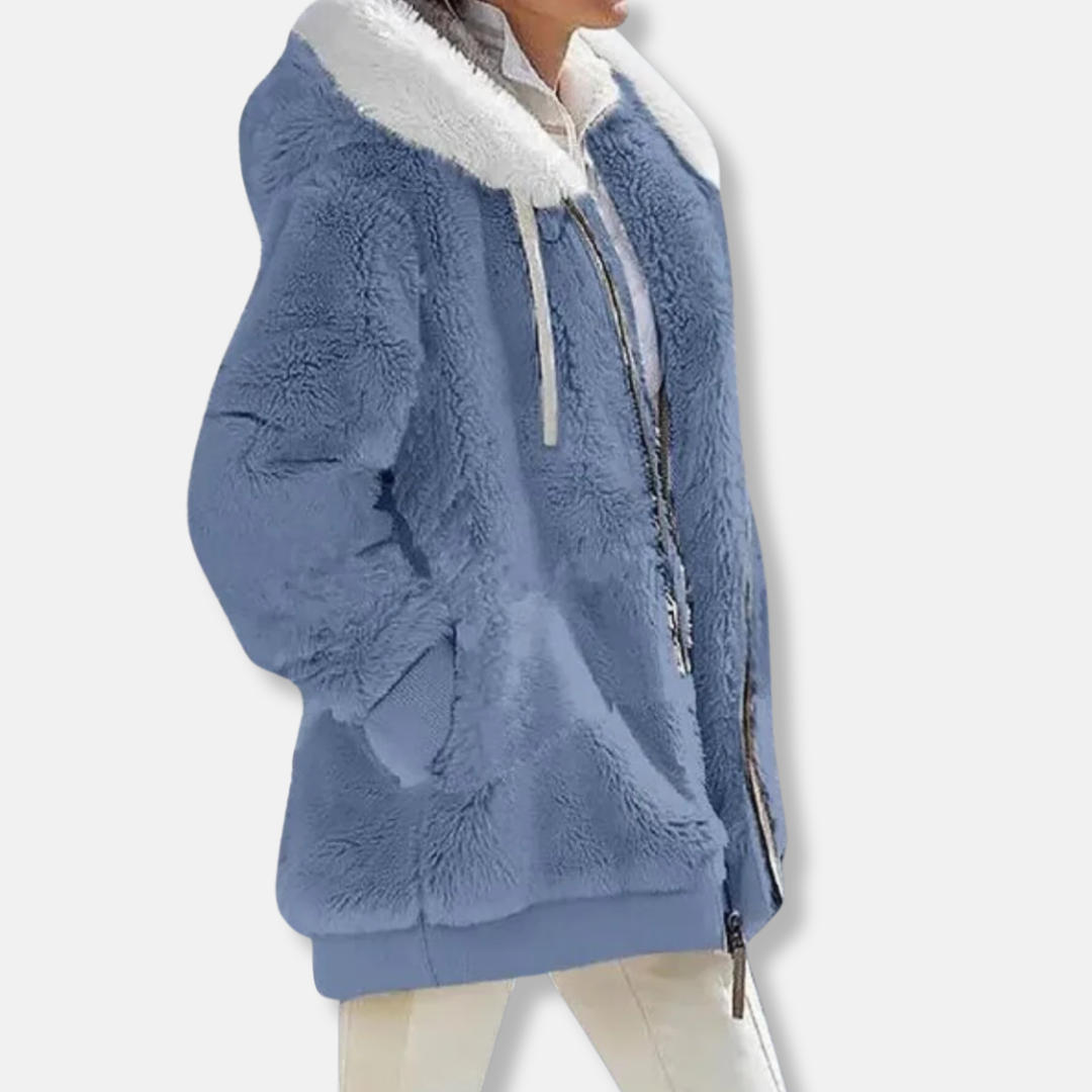 Women's oversized fleece hoodie jacket mid-thigh length with zip front and cozy relaxed fit