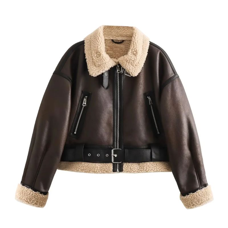 Brown suede leather blend jacket with fleece lining, adjustable buckle straps, rugged outdoor style