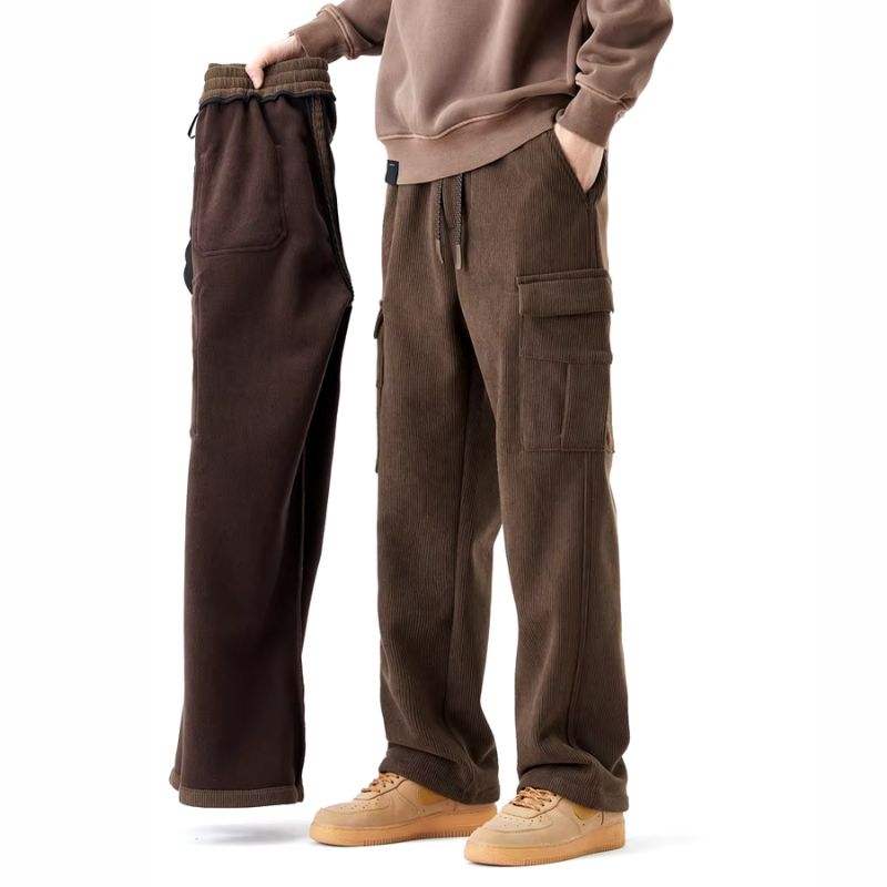 Men's brown corduroy pants fleece-lined relaxed fit with multi-pocket outdoor design