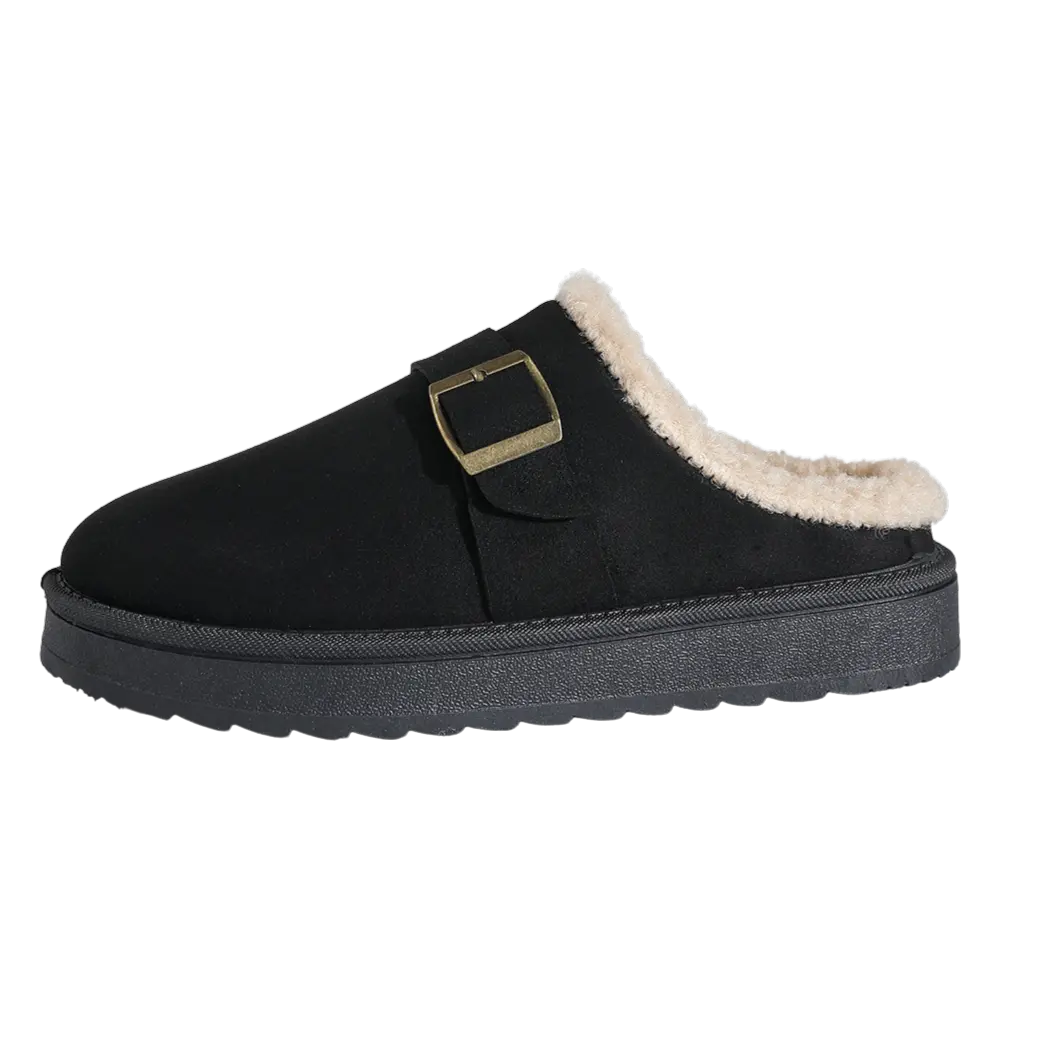 Women's beige fleece platform slipper clogs with plush lining and buckle detail by Urbann-Vibe