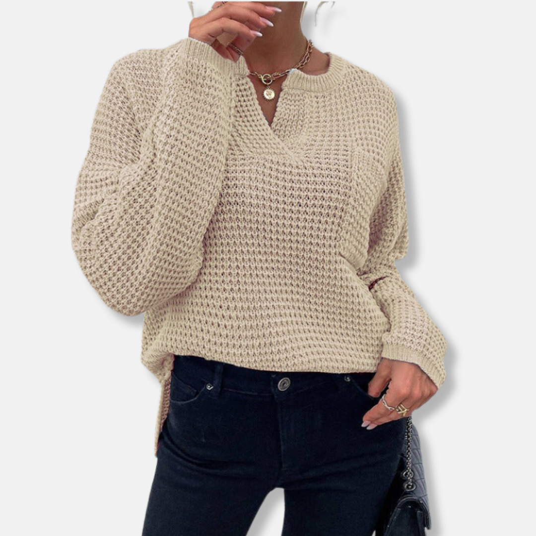 Women's relaxed-fit waffle knit sweater with notched round neck and long cuffed sleeves, cozy cotton blend