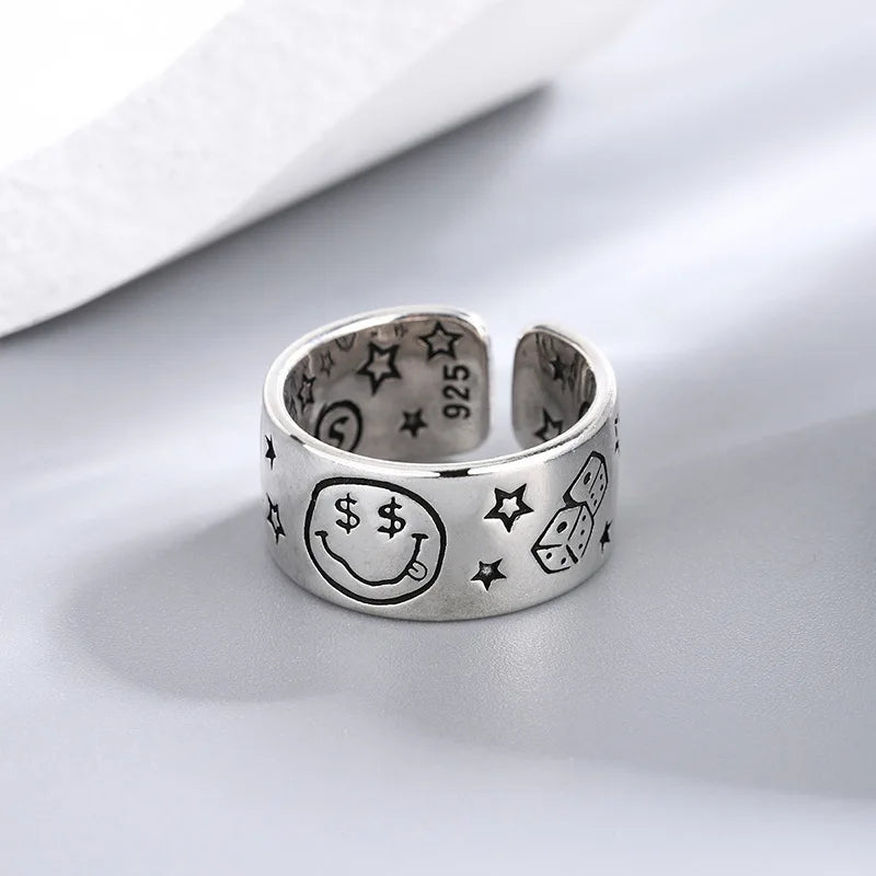 Men's stainless steel dice ring oxidized vintage finish open back adjustable casino engravings