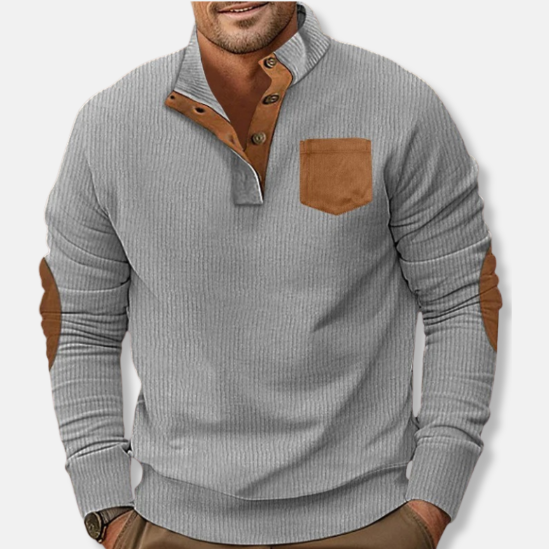 Men's ribbed knit sweatshirt stand collar contrast elbow patches casual everyday style