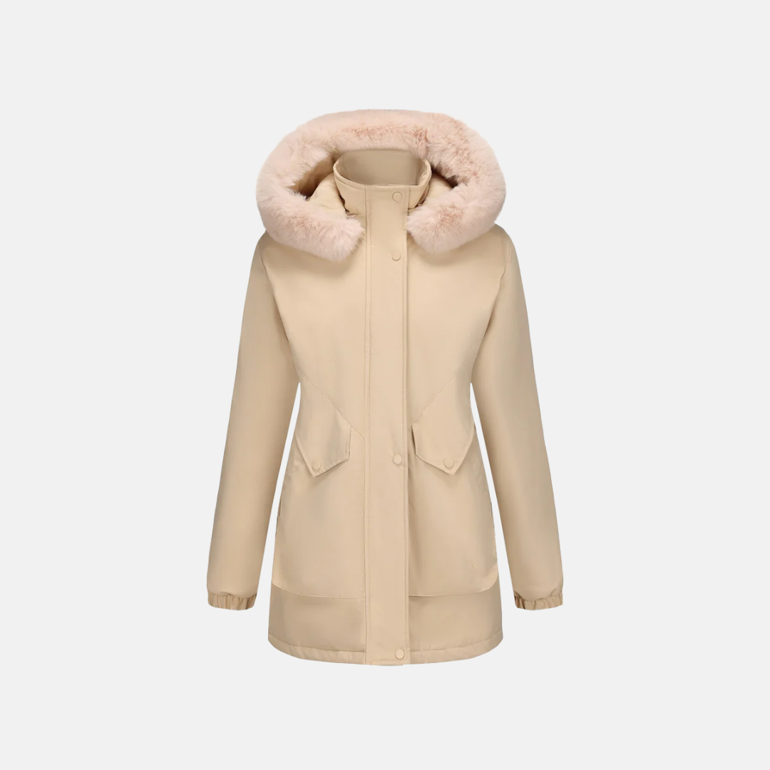 Women's mid-length parka jacket with faux fur hood, adjustable waist, and snap closure for cold weather