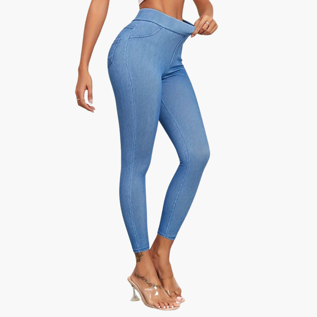 Women's high-waisted slim-leg jeggings with button-zip closure for a flattering all-day fit