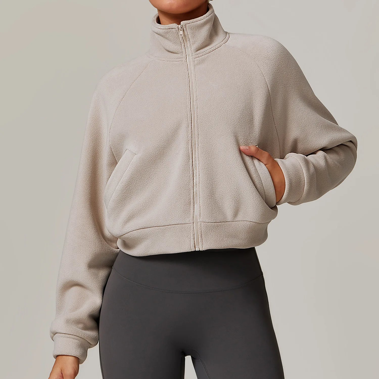 Serenity windproof fleece jacket in neutral tone, high-neck cozy fit, anti-pill durable outdoor layer