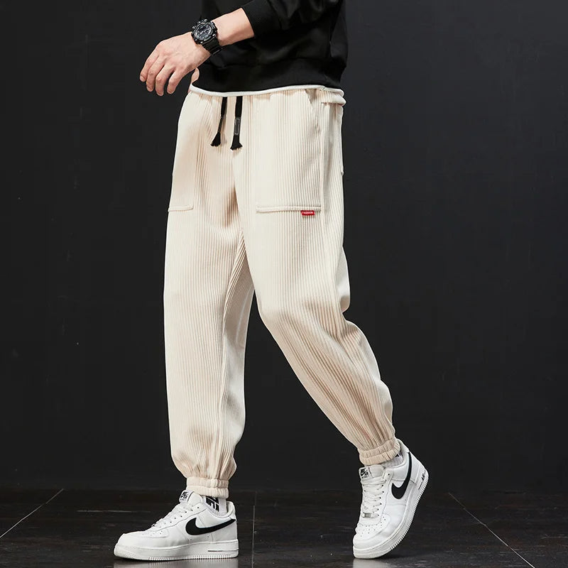 Women's brown corduroy jogger pants relaxed fit with stretch fabric and colorfast finish