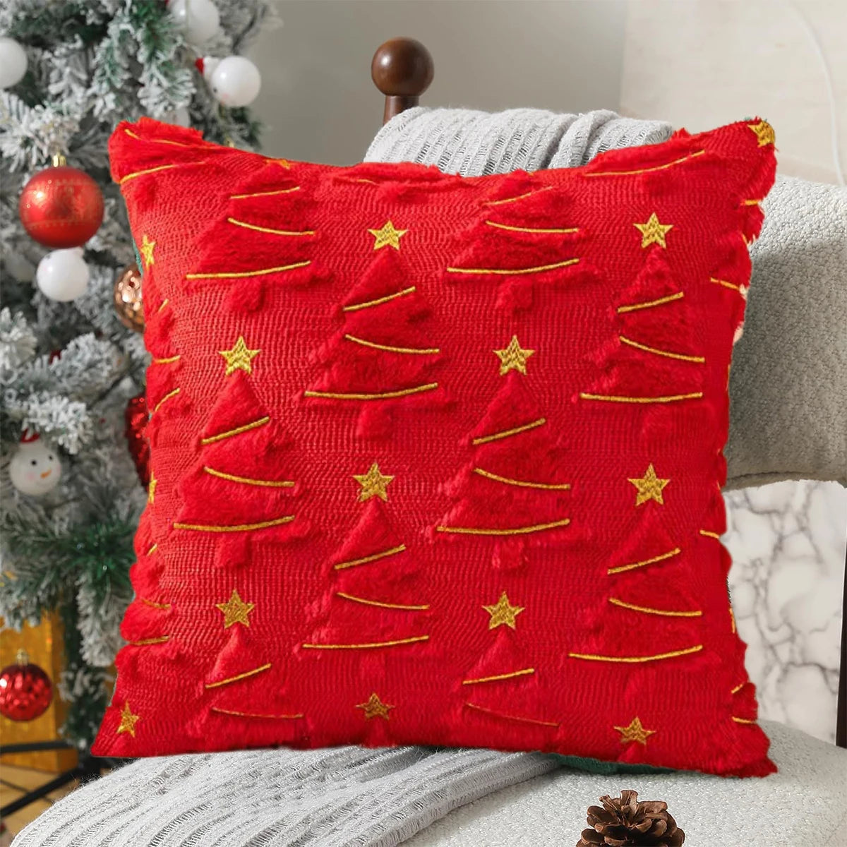 Starry Pinescape woven pillow cover tufted trees gold embroidery star holiday decor hidden zipper