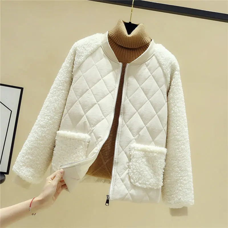 Sierra teddy bomber jacket diamond quilt body plush sherpa sleeves cozy all-season cold weather style