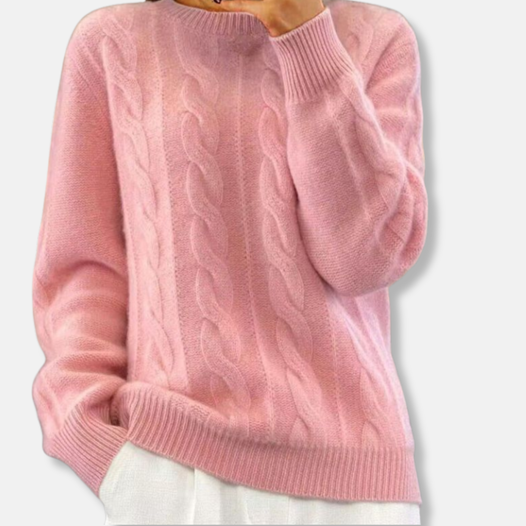 Women's relaxed fit cable knit crewneck sweater in wool-cashmere blend with cozy textured pattern