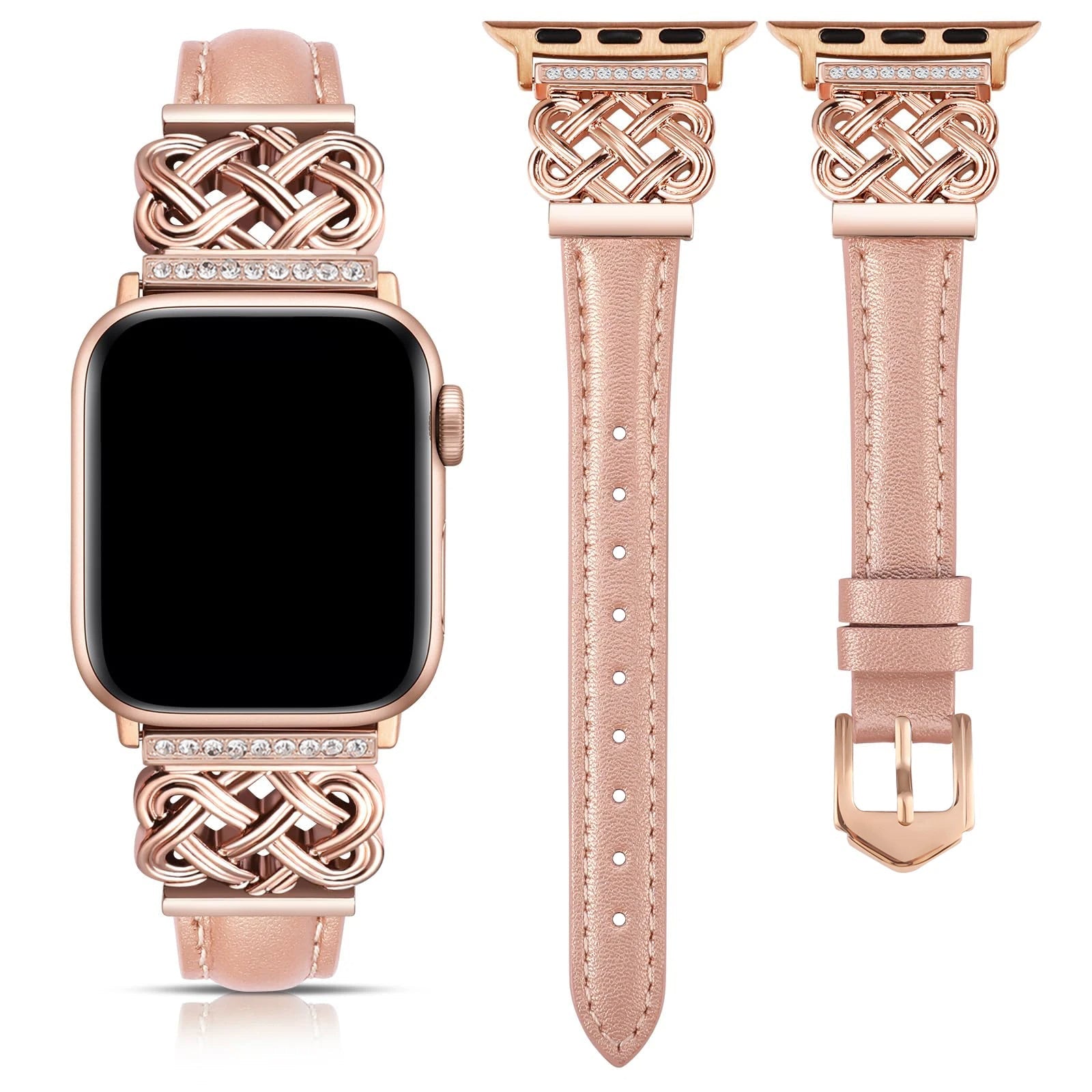 Geneva Apple Watch band genuine leather with interlock knot and rhinestone detailing for professionals
