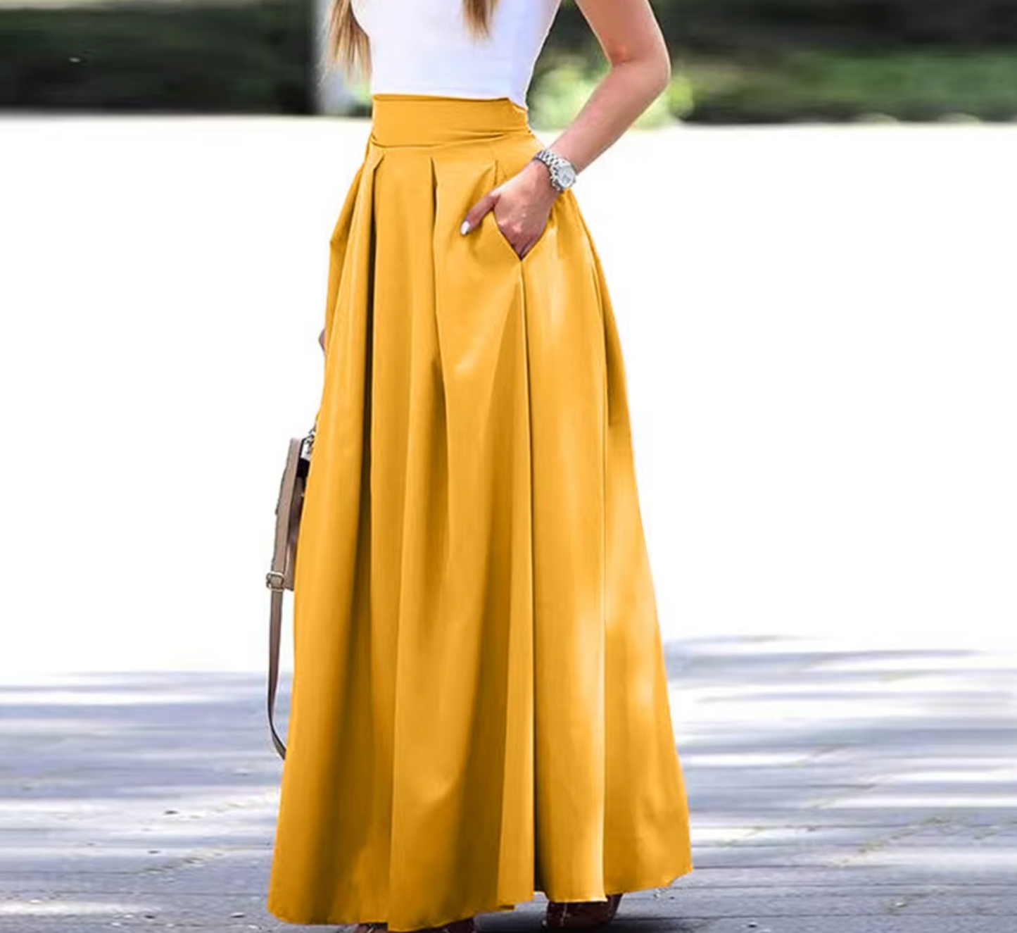 Women's elegant high-waisted A-line pleated skirt lightweight breathable flattering silhouette all sizes