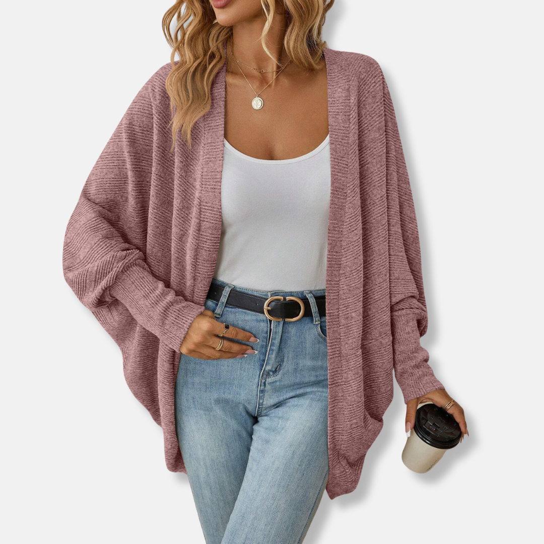 Women's ribbed knit open front cardigan with batwing sleeves in relaxed oversized fit for layering