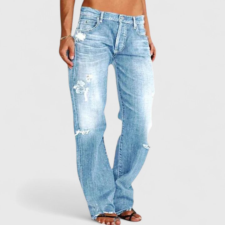 Light blue relaxed straight jeans with vintage distressed accents for effortless everyday casual wear
