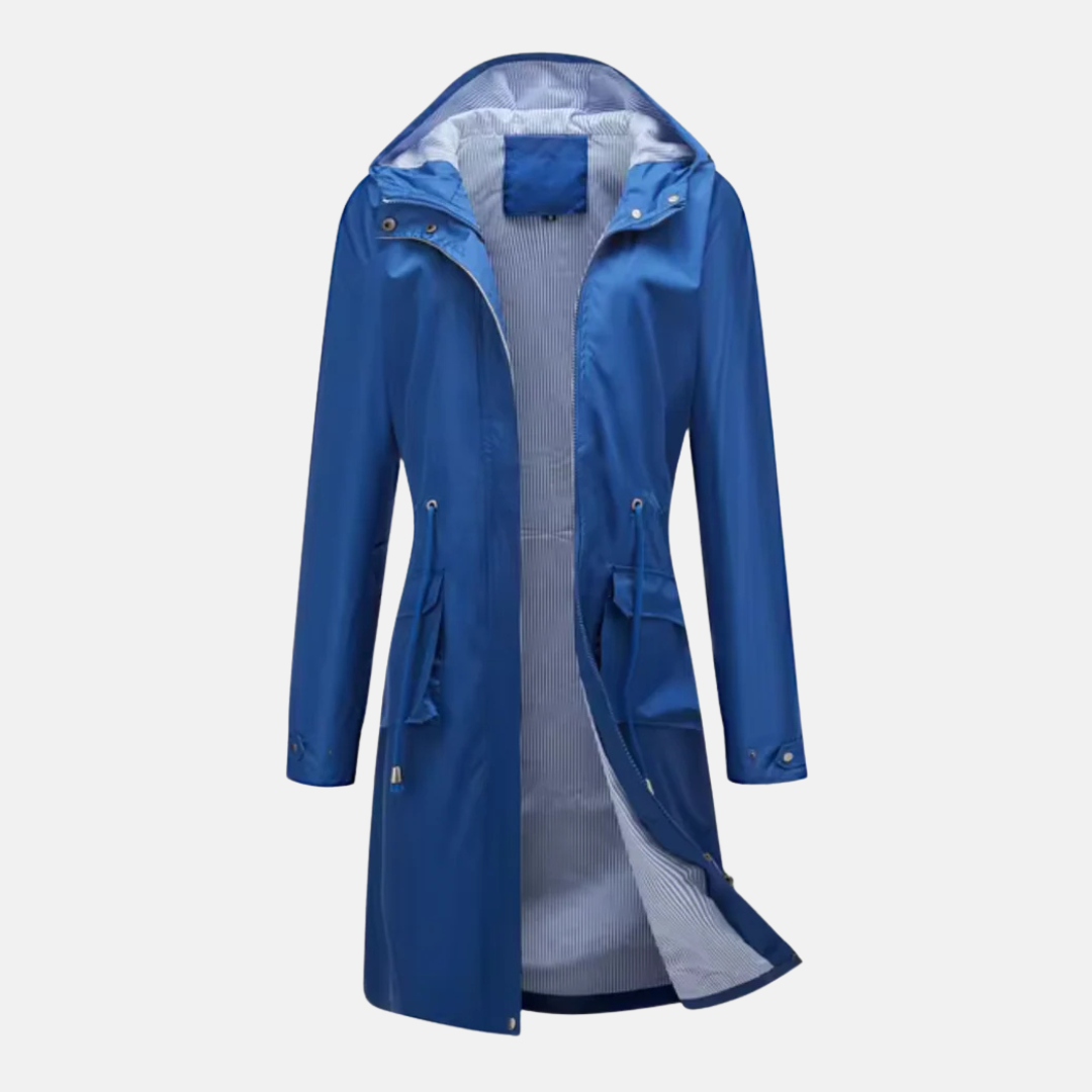 Women's water resistant long hooded jacket adjustable waist zip front flap pockets modern silhouette