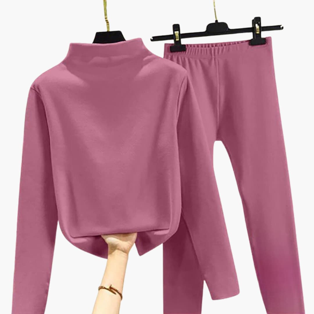 Women's fleece two-piece set high-neck sweater tapered pants elastic waistband cozy loungewear