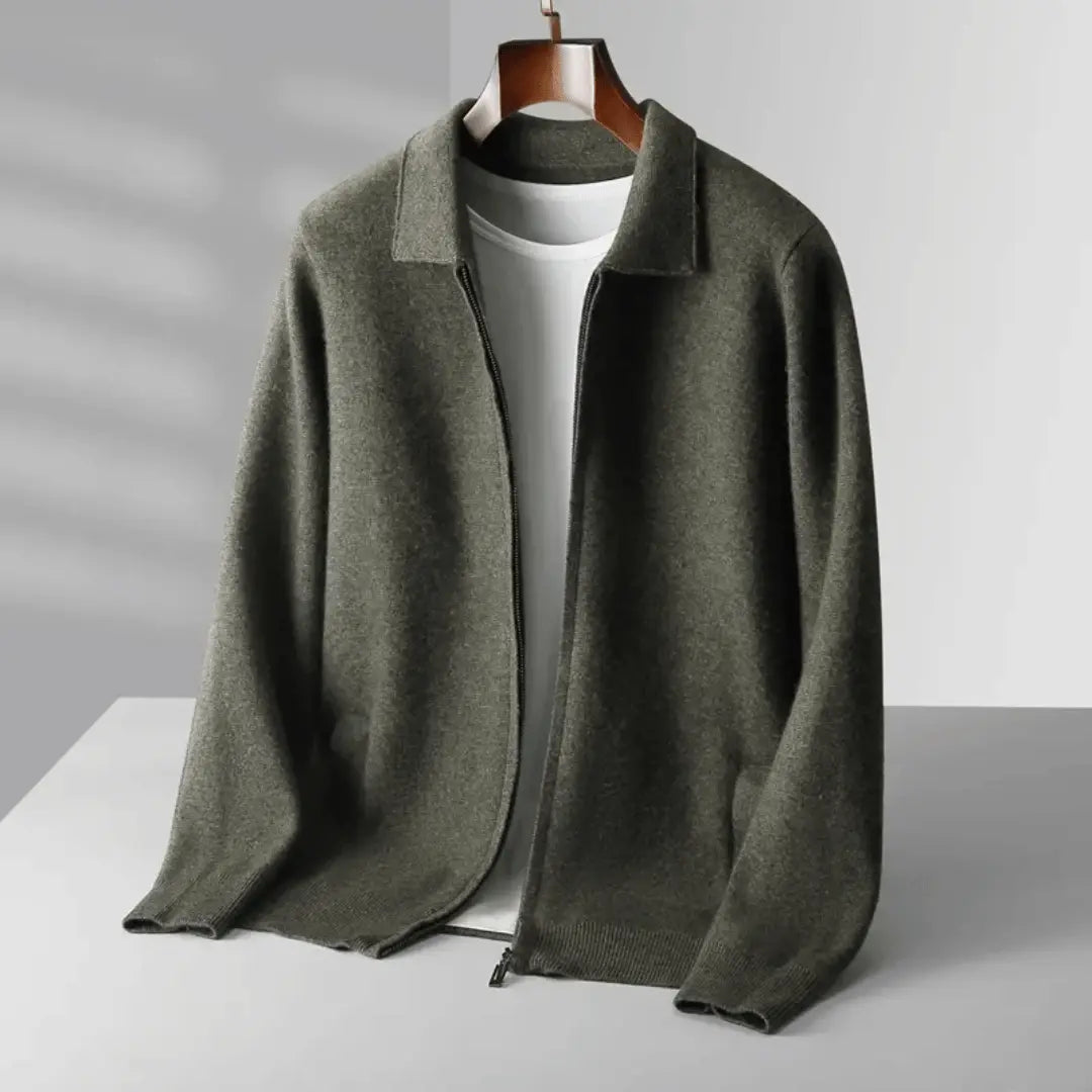 Men's heather gray wool blend zip-up cardigan relaxed fit with ribbed hem and cuffs
