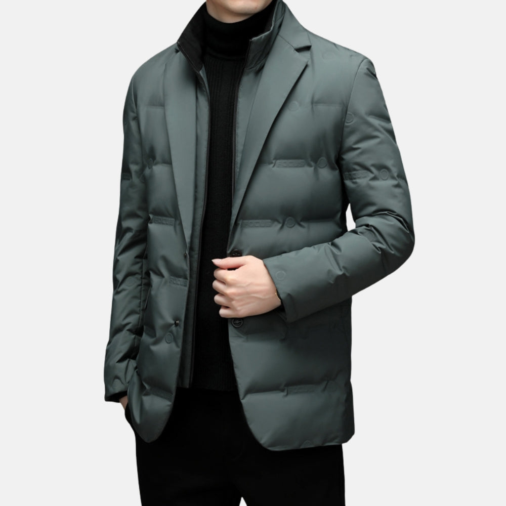 Men's navy quilted duck down jacket tailored fit with two-button front closure refined warmth