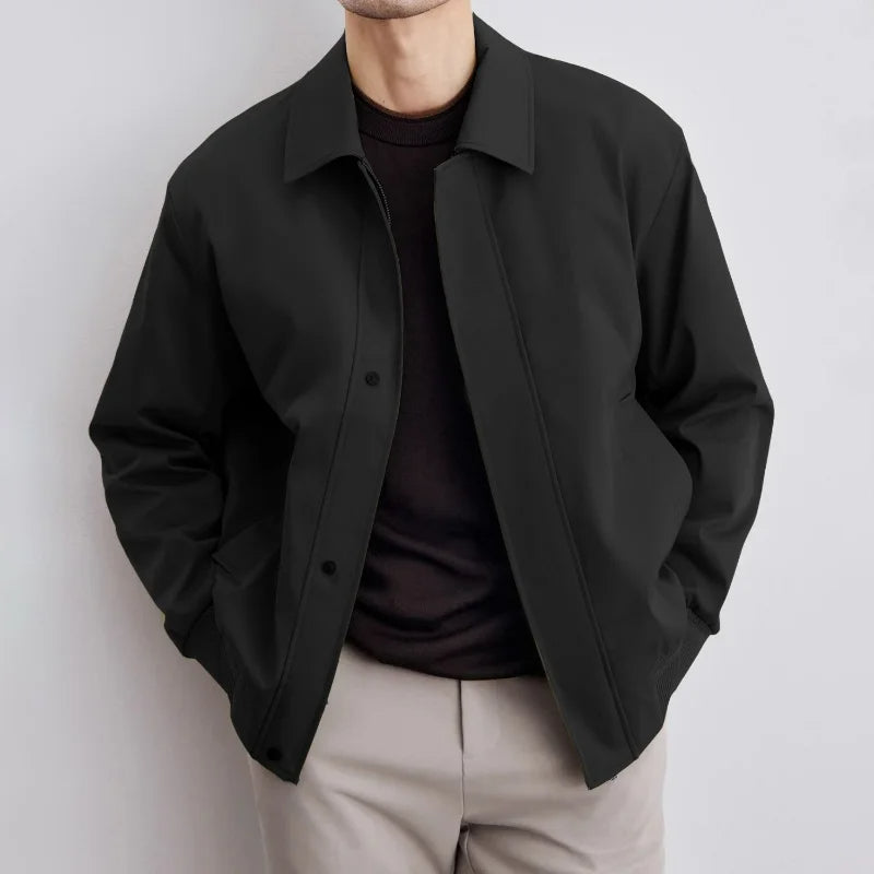 Men's olive Harrington jacket relaxed fit collared button-front with ribbed cuffs hip length