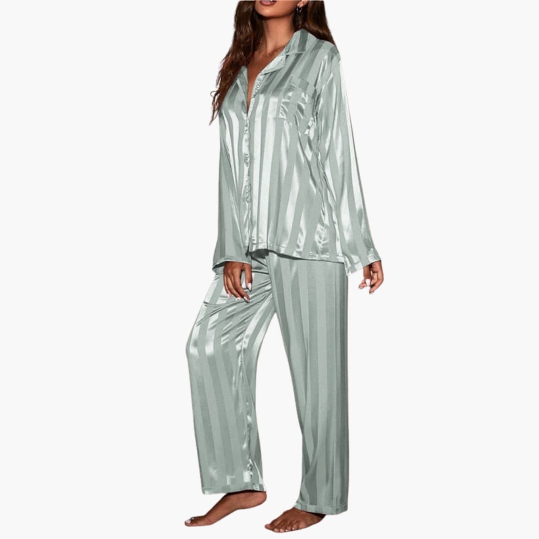 Women's satin pajama set button-front top vertical stripe design silky finish elastic waistband