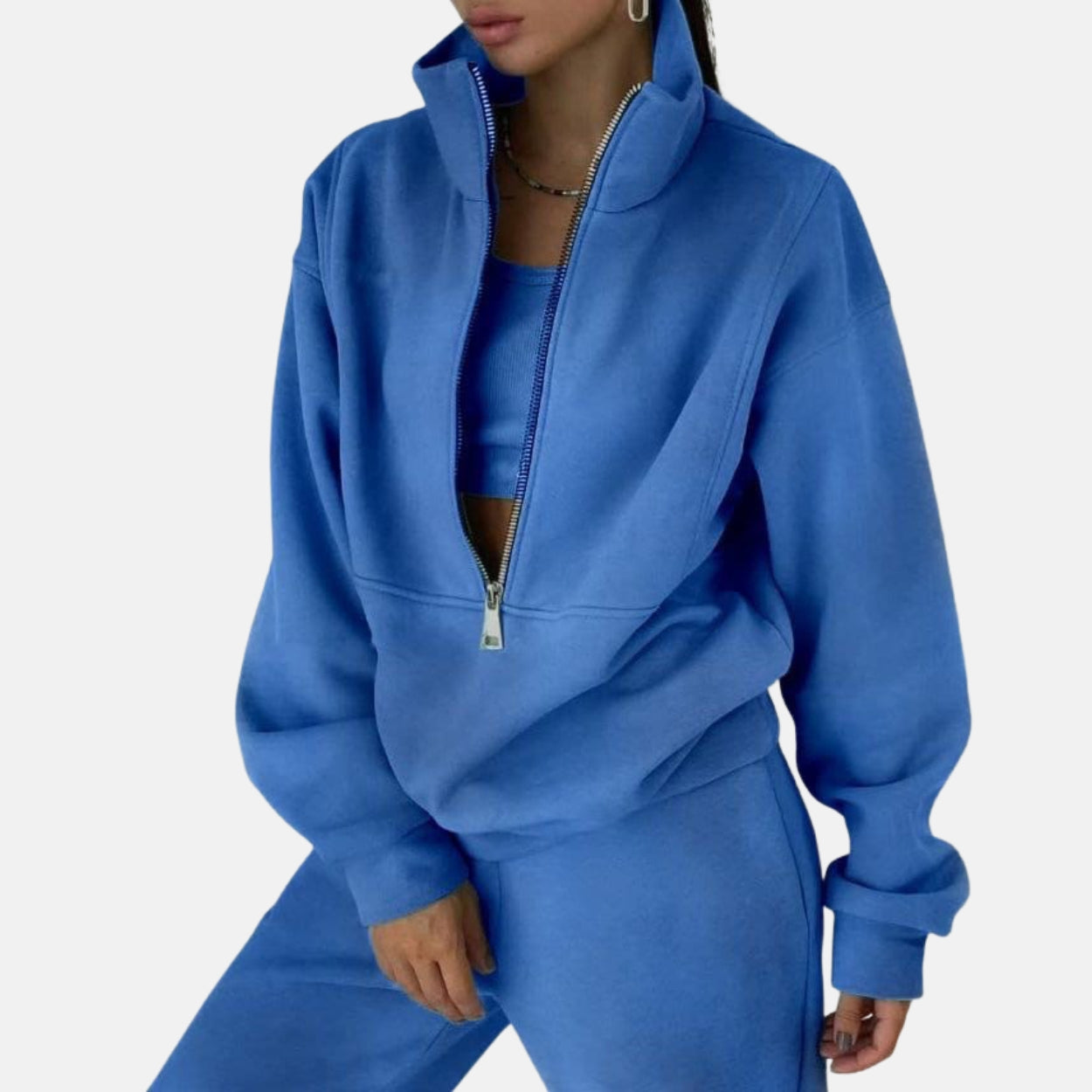 Women's relaxed fit two-piece tracksuit set high collar zip top cotton blend full length pants