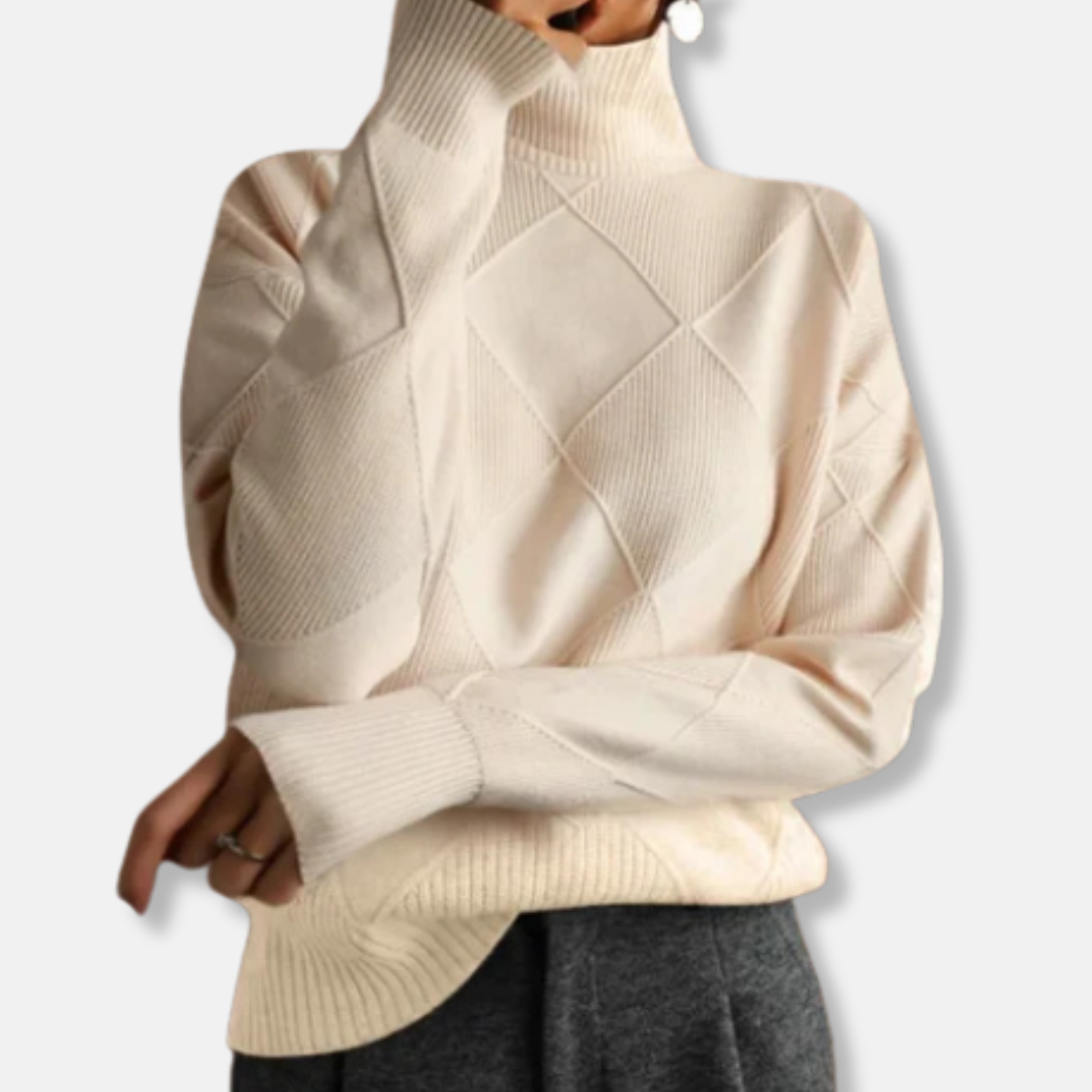Women's relaxed fit turtleneck sweater with ribbed diamond knit texture for effortless casual style