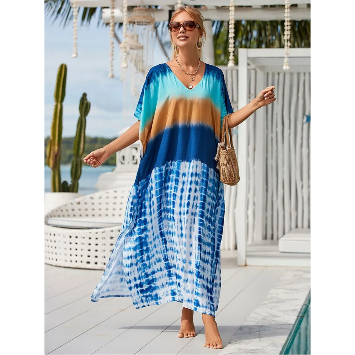 Women's light airy kaftan loose fit V-neck beach cover-up bohemian style breathable summer wrap