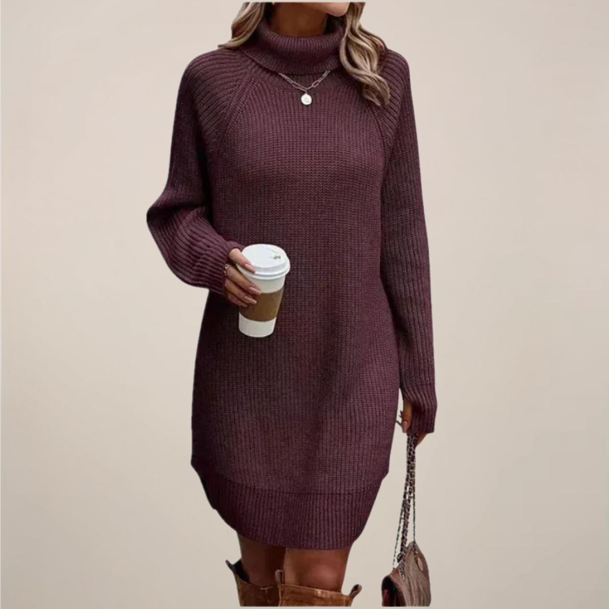 Women's chunky-knit turtleneck sweater dress with relaxed raglan sleeves and knee-skimming hem