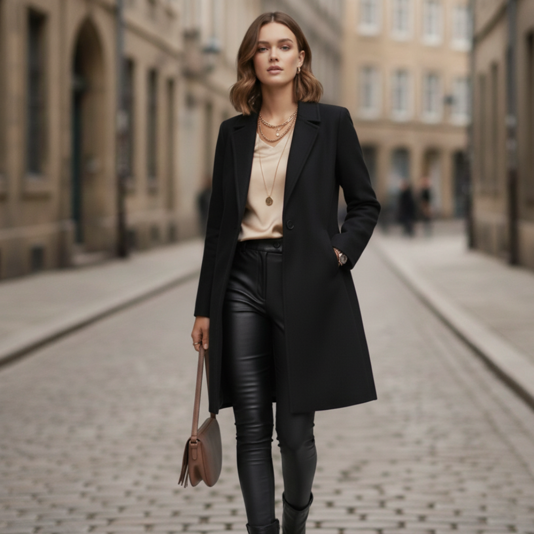 Women's long straight-fit wool coat in neutral tones, warm winter style for work and leisure