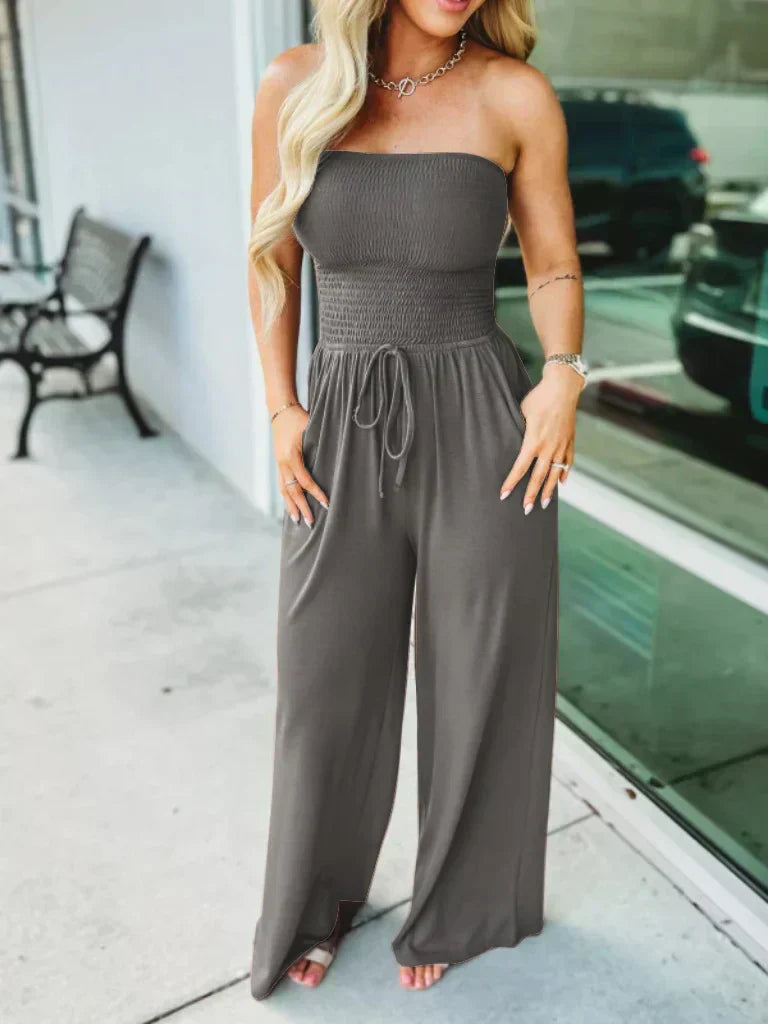 Women's light breathable wide-leg jumpsuit with smocked bodice and adjustable drawstring waist