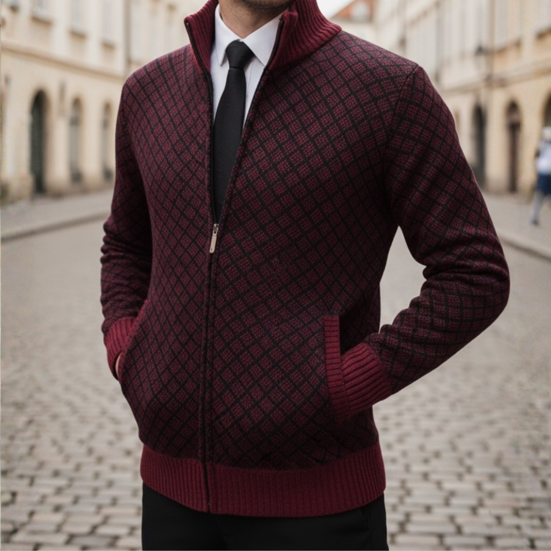 Men's diamond pattern full-zip cardigan high collar premium knit in gray blue red black