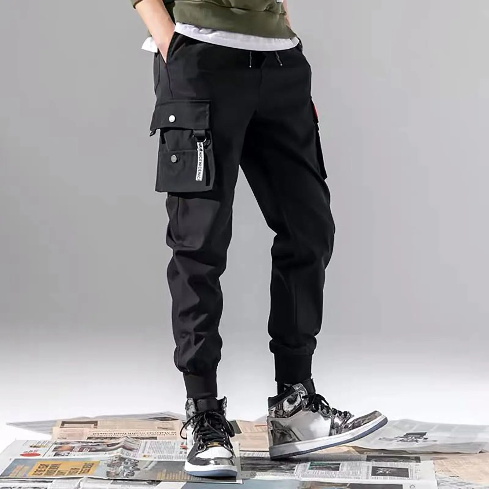 Black tapered cargo joggers breathable cotton-spandex blend with multi-pocket design for active style
