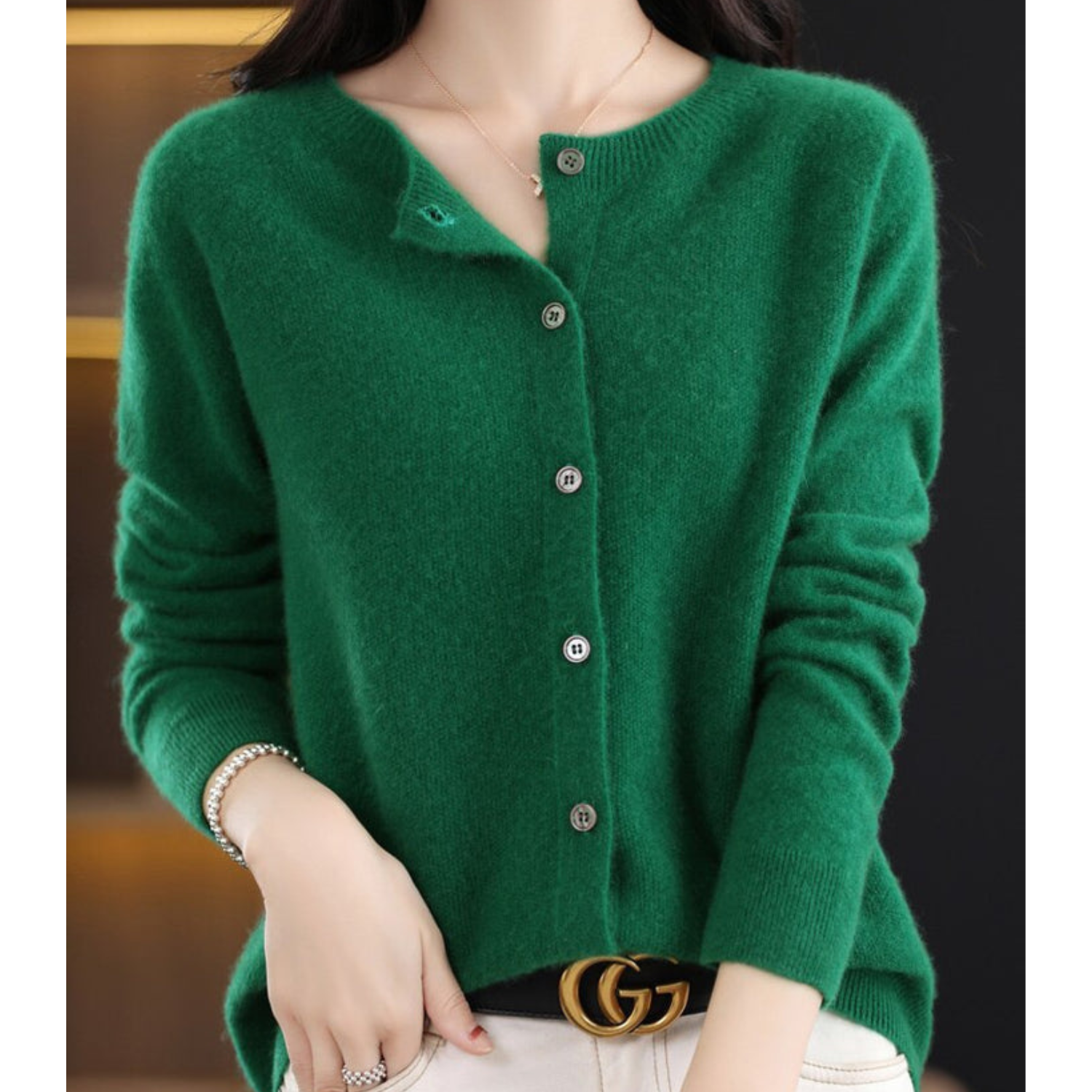 Women's merino wool cardigan soft gray round neck knit with luxurious slim silhouette