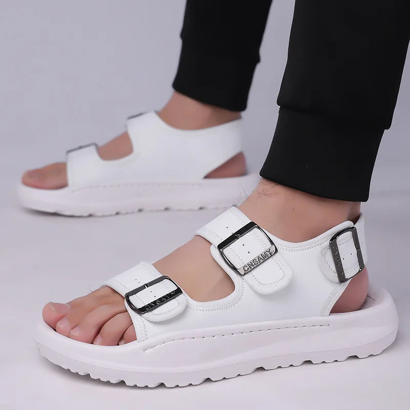 Velton men's buckle sandal in neutral tone, triple-buckle strap design with ultra-light EVA sole