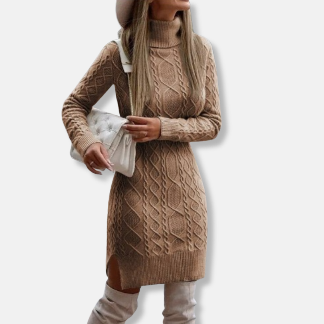 Women's wool blend knit mini dress, slim turtleneck silhouette with long sleeves and side slit