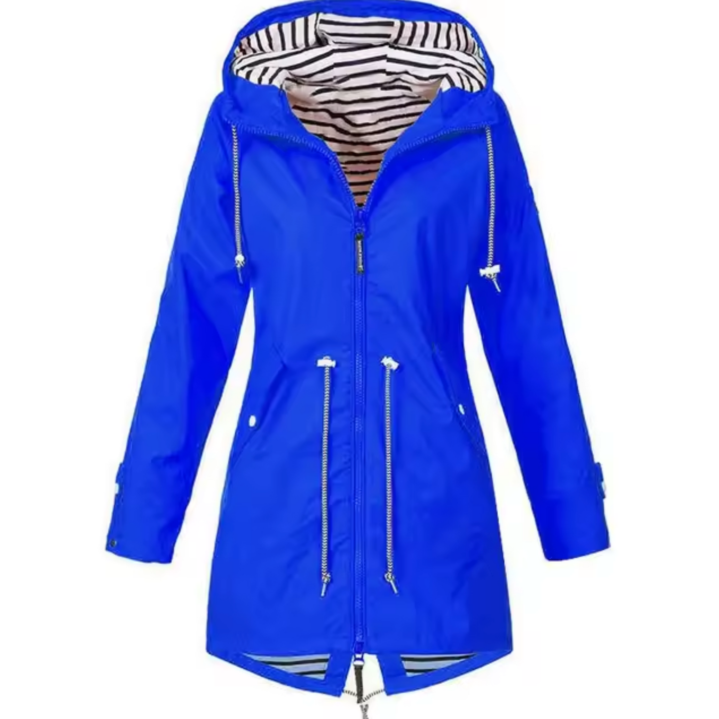 Women's elegant long waterproof raincoat with adjustable waist and lined hood for city wear