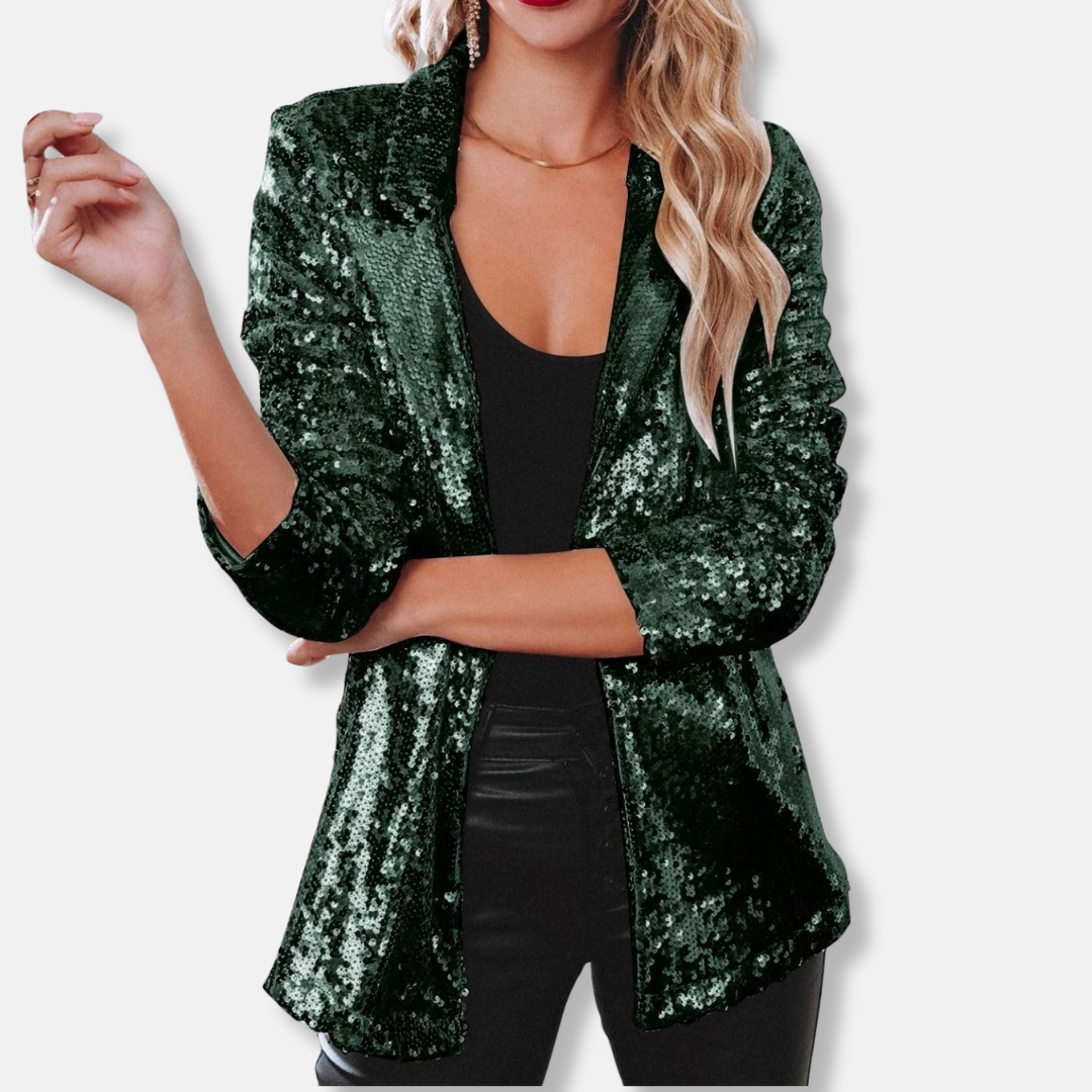 Women's relaxed hip-length sequin embellished collared blazer party jacket with long sleeves