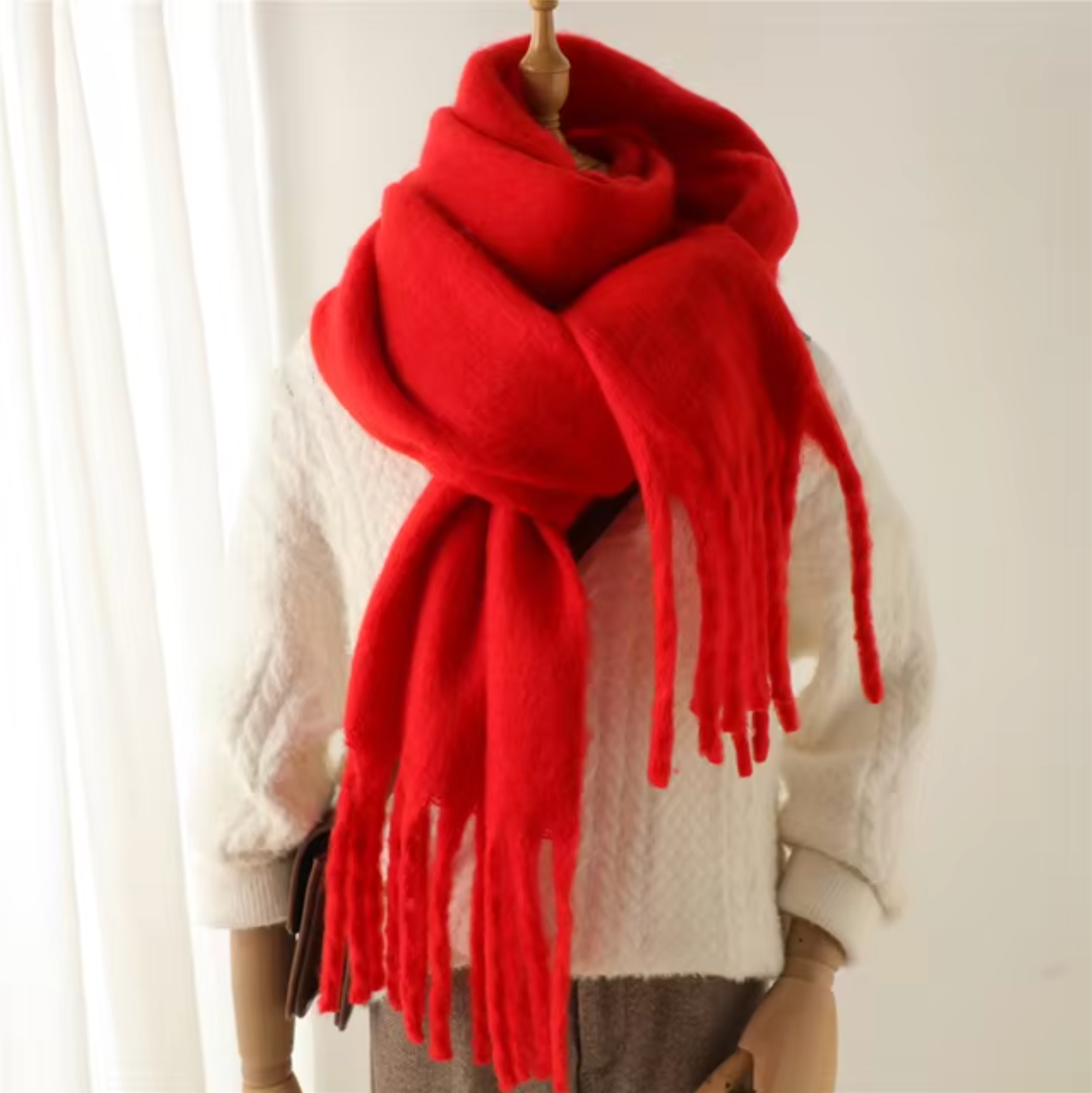 Women's cashmere-like pashmina winter scarf with long fringe detail, soft solid-colored wrap