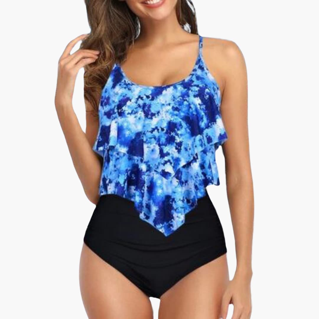 Women's ruffle tankini set with high-waisted tummy control bottom in breathable two-piece swimsuit
