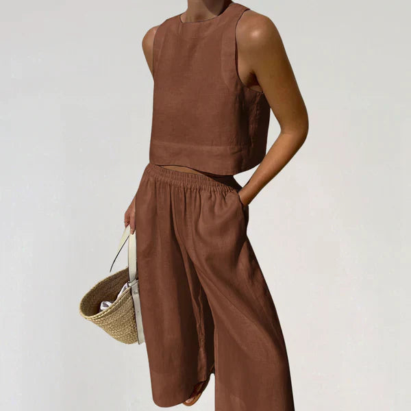 Women's linen cropped top and wide-leg pants set, sleeveless relaxed fit breathable summer ensemble