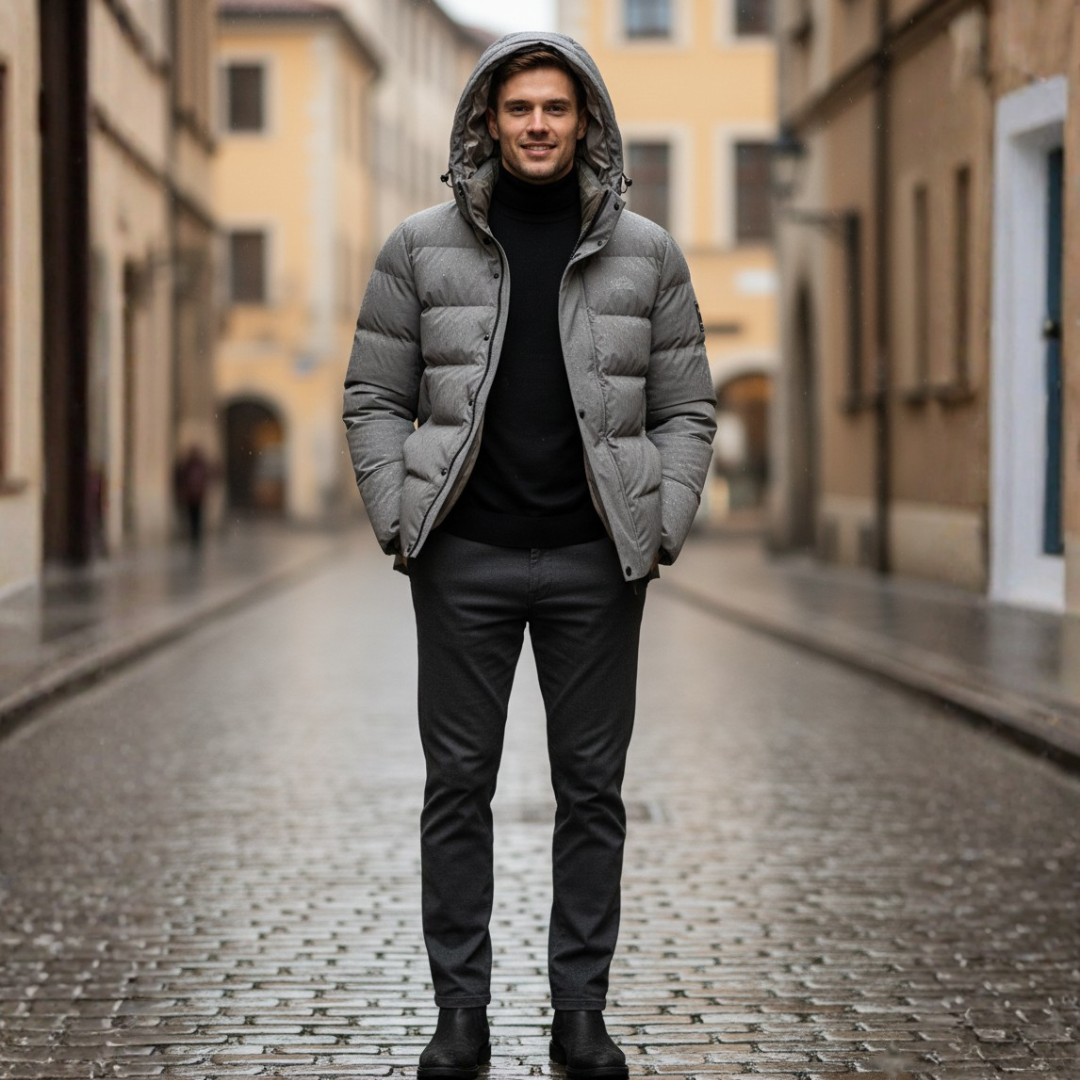 Men's waterproof hooded down jacket navy blue urban outdoor winter insulation windproof shell
