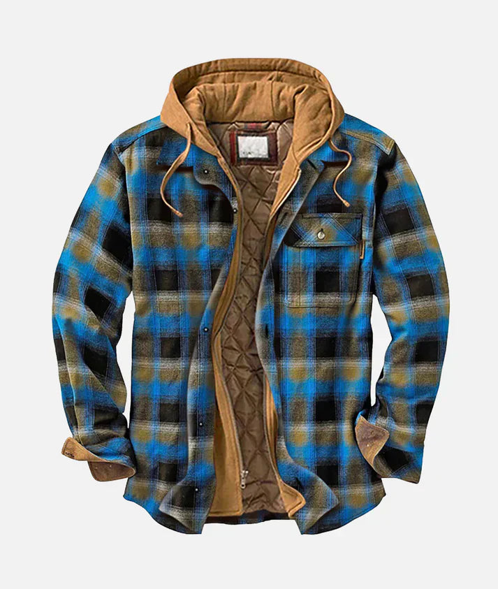 Men's plaid flannel shirt jacket with hood, quilted lining, zipper and button closure