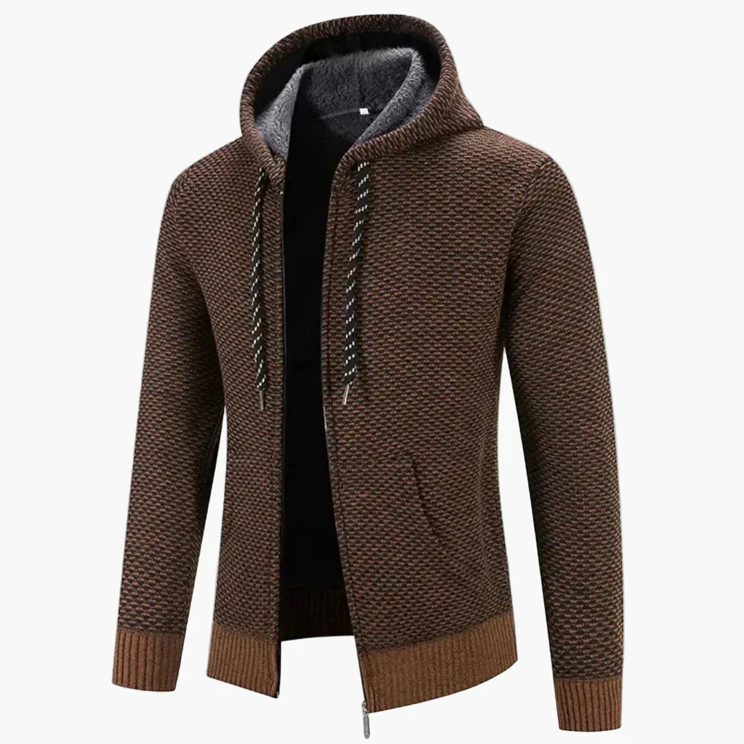 Men's gray knitted hooded zip-up jacket with warm lining and sporty hood for winter casual wear