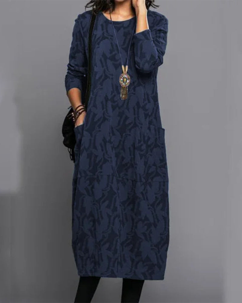 Women's casual floral midi dress long sleeve relaxed fit with pockets autumn winter elegant style