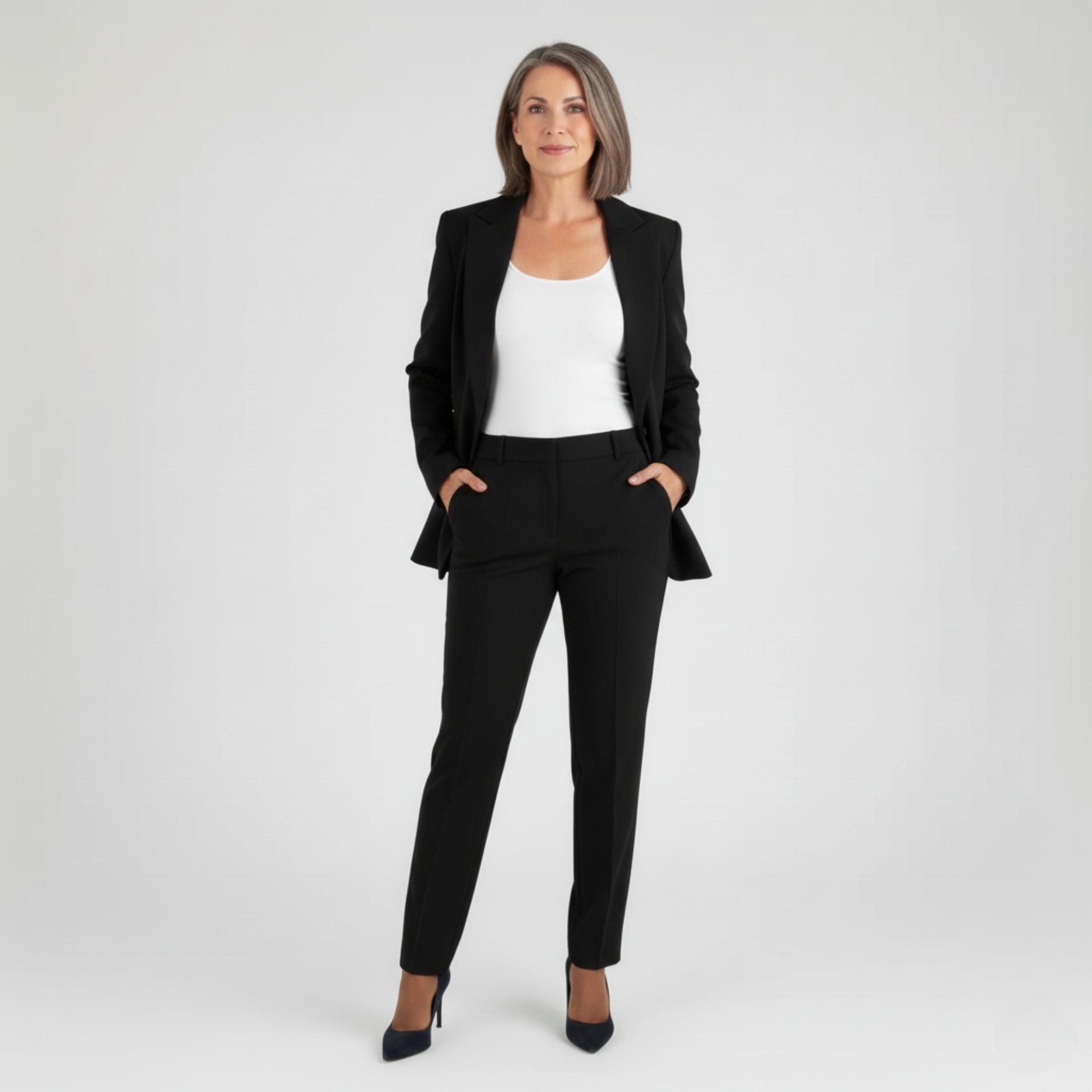 Navy women's tailored business pantsuit blazer and trousers elegant workwear professional set