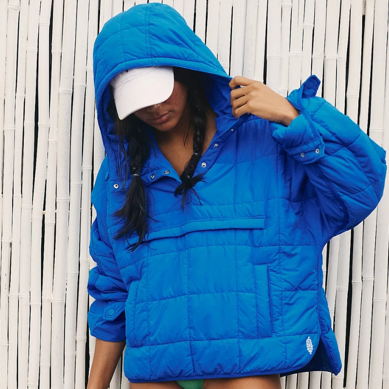 Lightweight hooded pullover puffer jacket with quilted insulation, water-resistant and packable for outdoor adventures